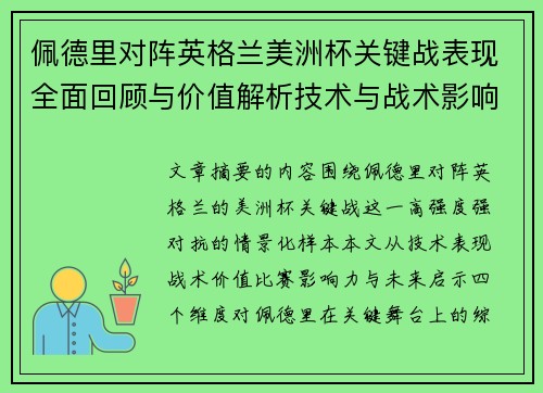 佩德里对阵英格兰美洲杯关键战表现全面回顾与价值解析技术与战术影响